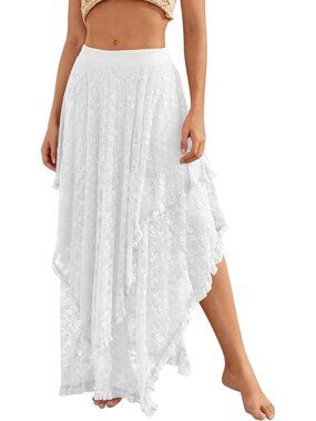 Women's White Floral Lace  Asymmetrical Layered Flowy Boho Beach Maxi Skirt